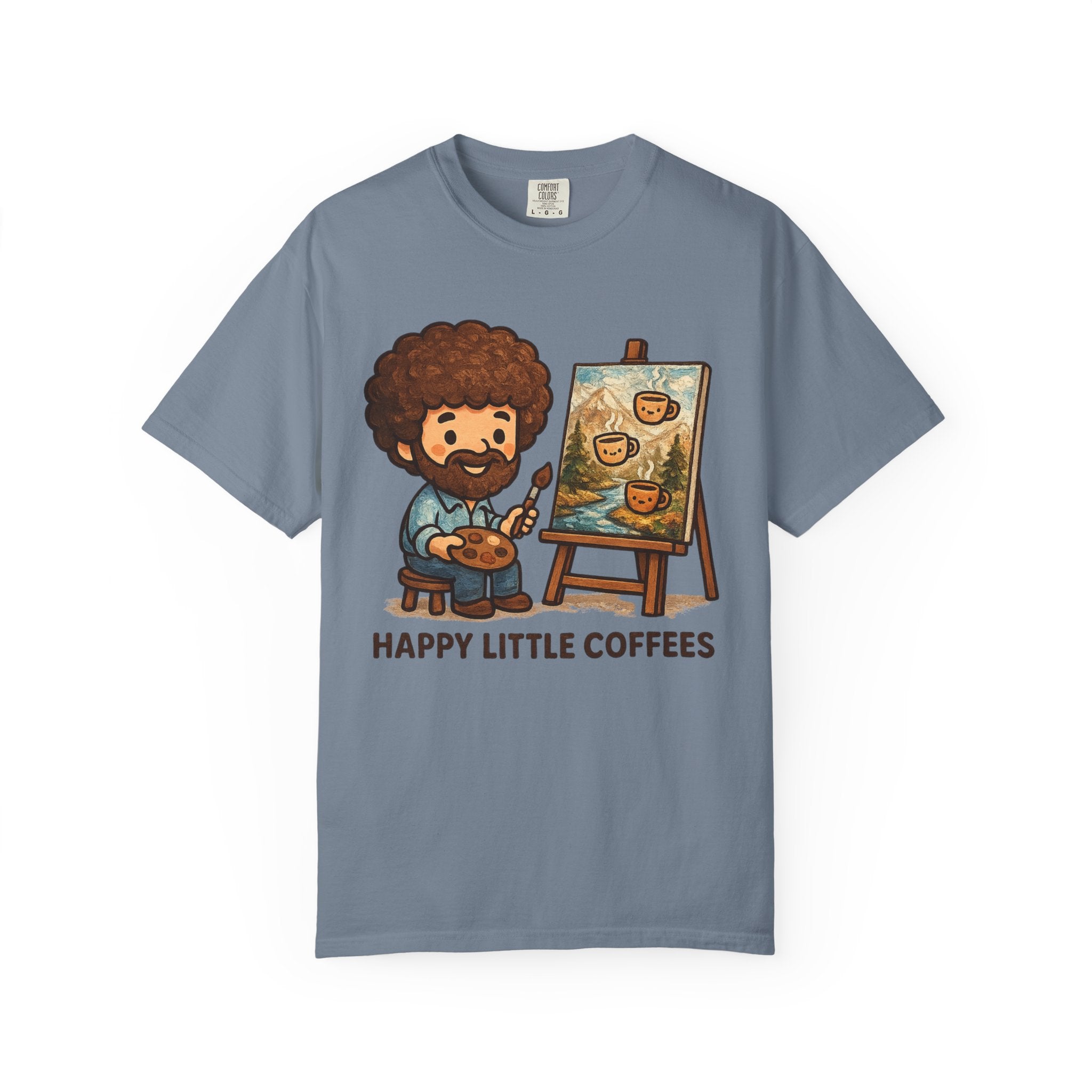 Happy Little Coffees Art Teacher Shirt | Funny Bob Ross Inspired Teacher Tee | Cute Art Teacher Coffee Shirt | Comfort Colors Graphic Tee | Back to School Gift