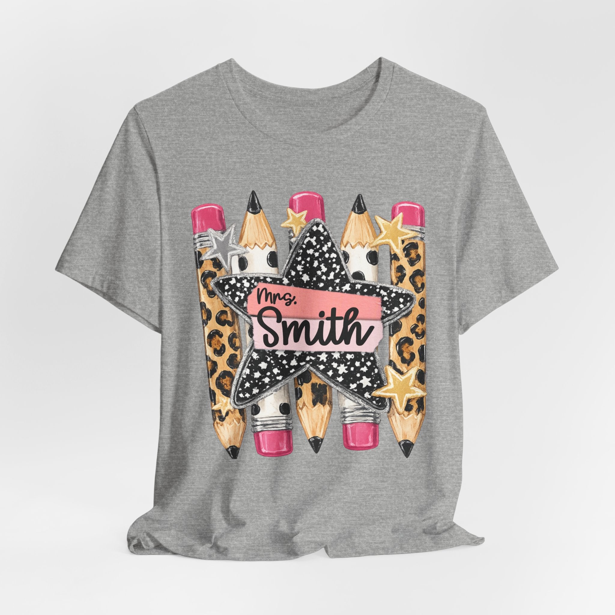 Personalized Teacher Name Shirt | Custom Pencil Teacher Tee | Leopard Print Teacher Shirt
