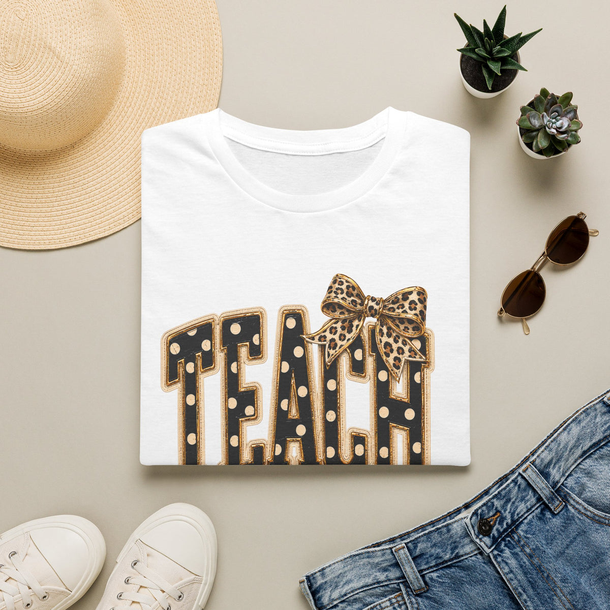 Teach Teacher Shirt | Leopard Bow Teacher Tee | Faux Embroidered Teacher Shirt