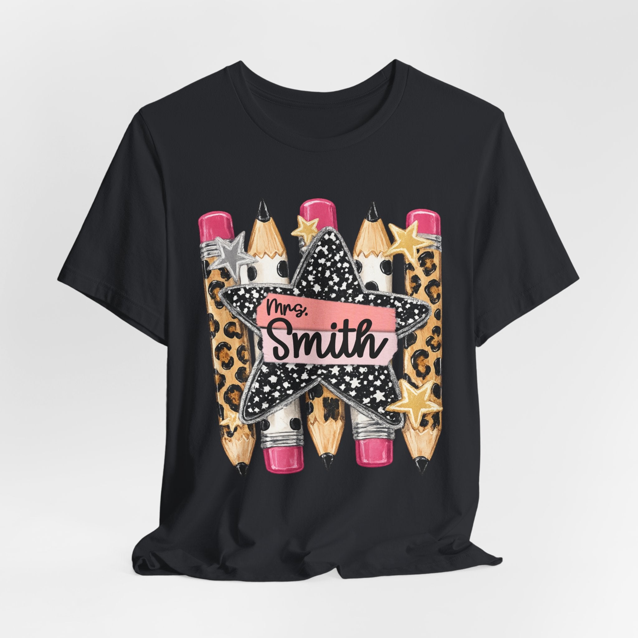 Personalized Teacher Name Shirt | Custom Pencil Teacher Tee | Leopard Print Teacher Shirt