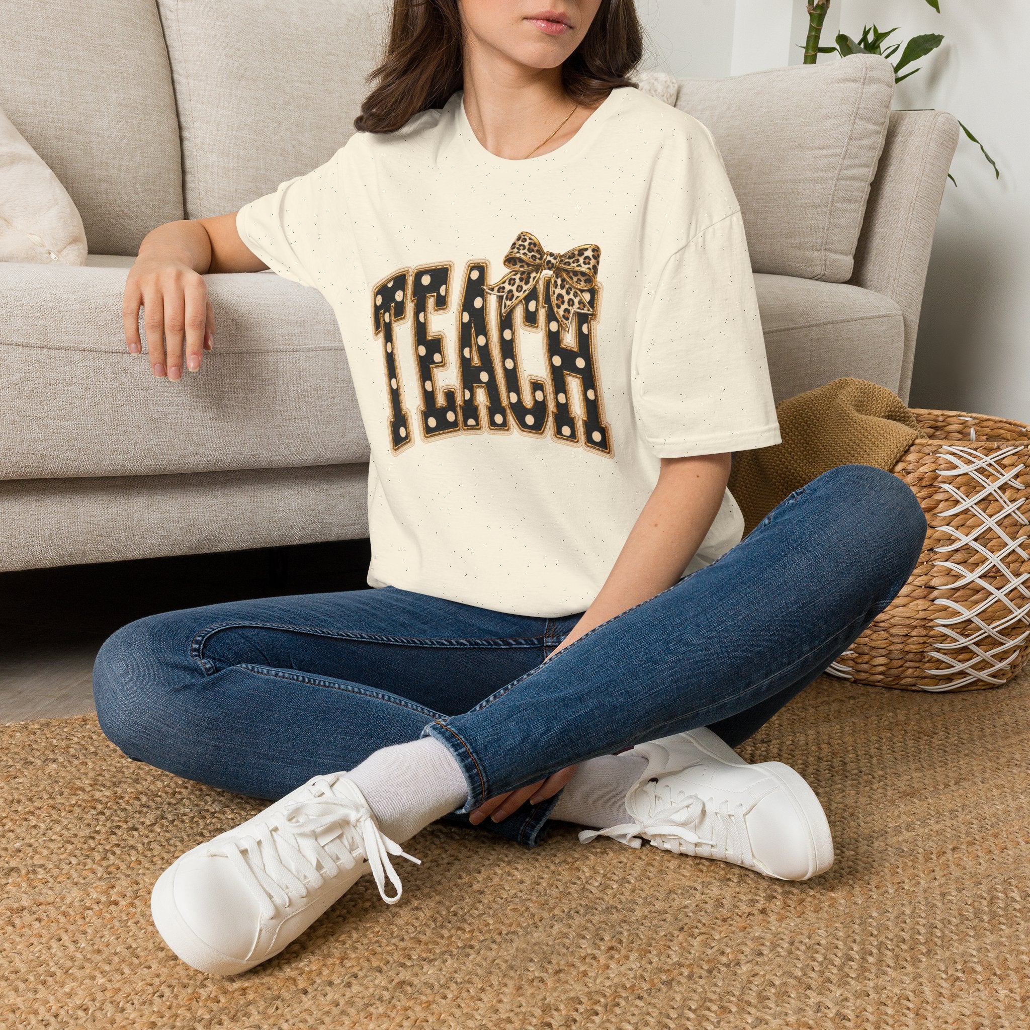 Teach Teacher Shirt | Leopard Bow Teacher Tee | Faux Embroidered Teacher Shirt