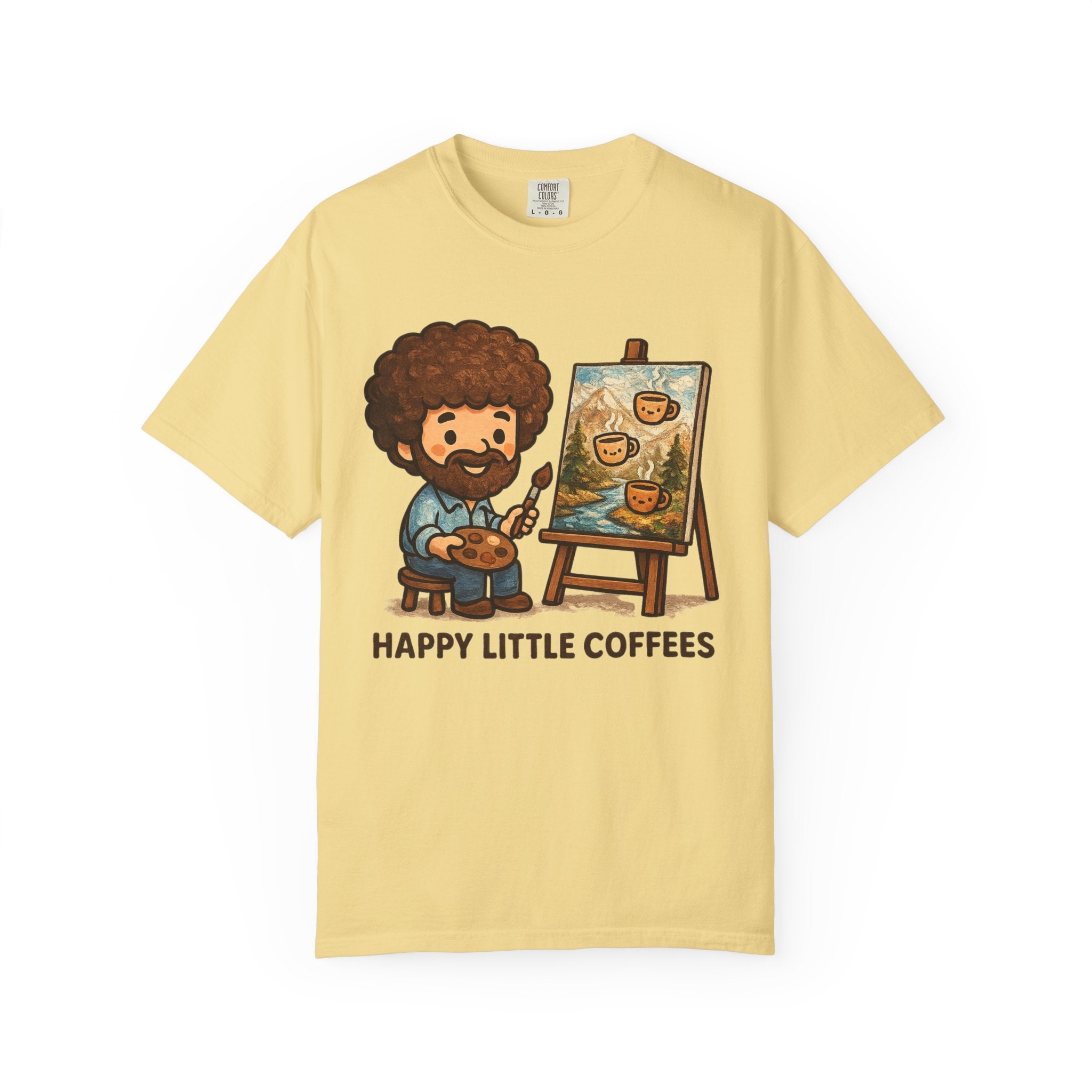 Happy Little Coffees Art Teacher Shirt | Funny Bob Ross Inspired Teacher Tee | Cute Art Teacher Coffee Shirt | Comfort Colors Graphic Tee | Back to School Gift
