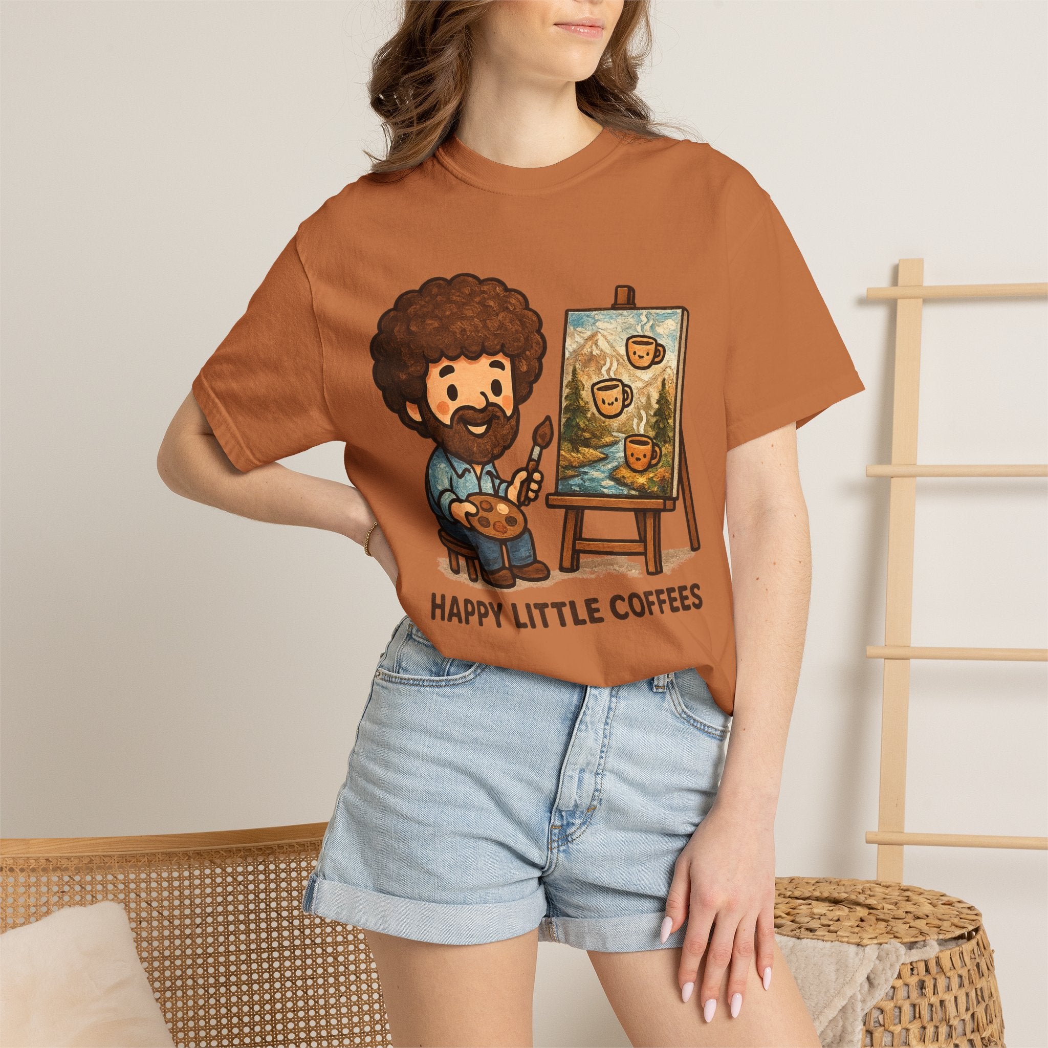 Happy Little Coffees Art Teacher Shirt | Funny Bob Ross Inspired Teacher Tee | Cute Art Teacher Coffee Shirt | Comfort Colors Graphic Tee | Back to School Gift