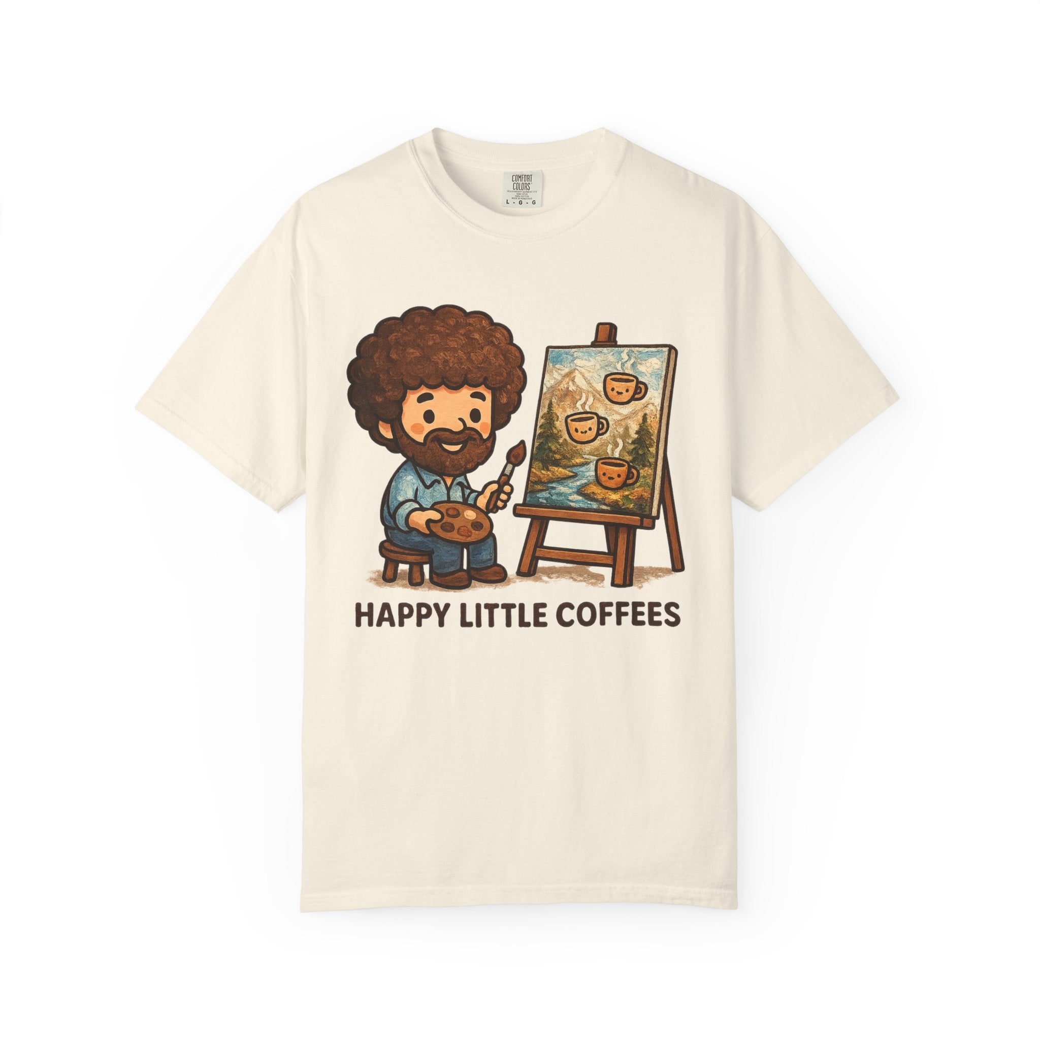 Happy Little Coffees Art Teacher Shirt | Funny Bob Ross Inspired Teacher Tee | Cute Art Teacher Coffee Shirt | Comfort Colors Graphic Tee | Back to School Gift