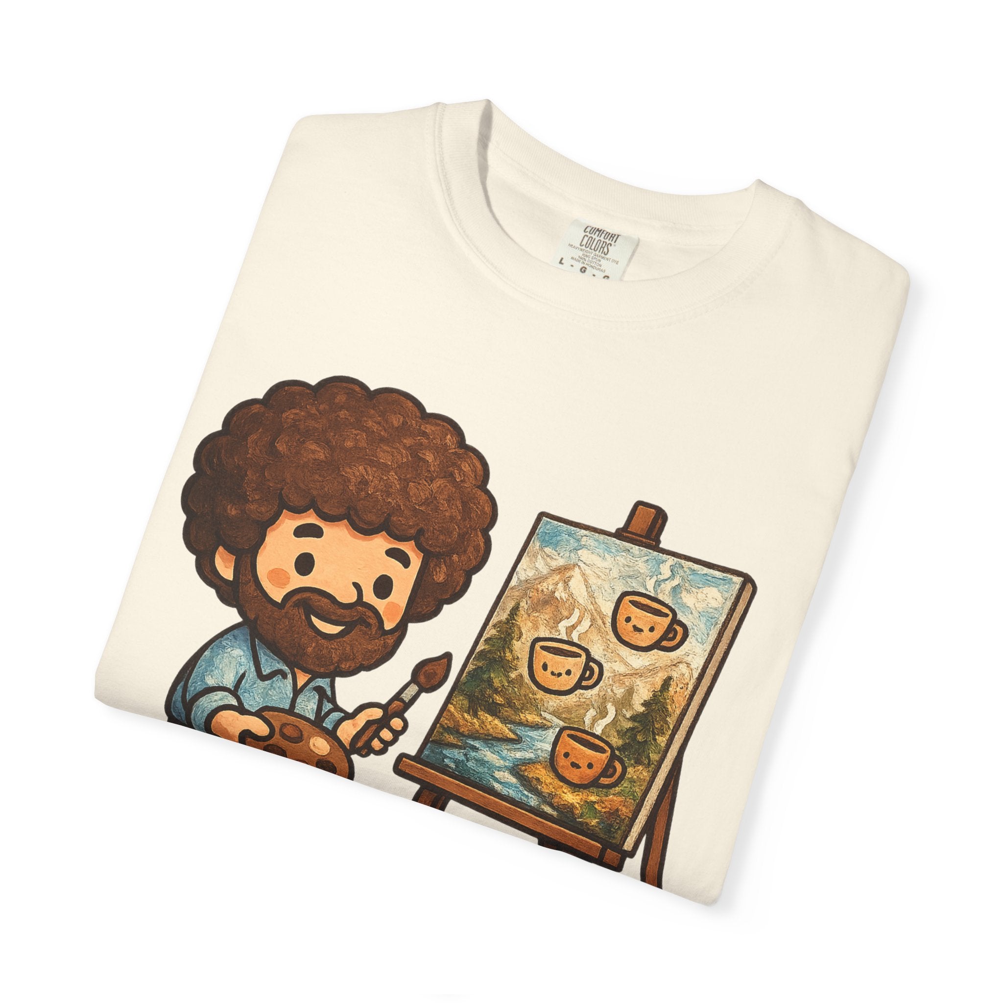 Happy Little Coffees Art Teacher Shirt | Funny Bob Ross Inspired Teacher Tee | Cute Art Teacher Coffee Shirt | Comfort Colors Graphic Tee | Back to School Gift