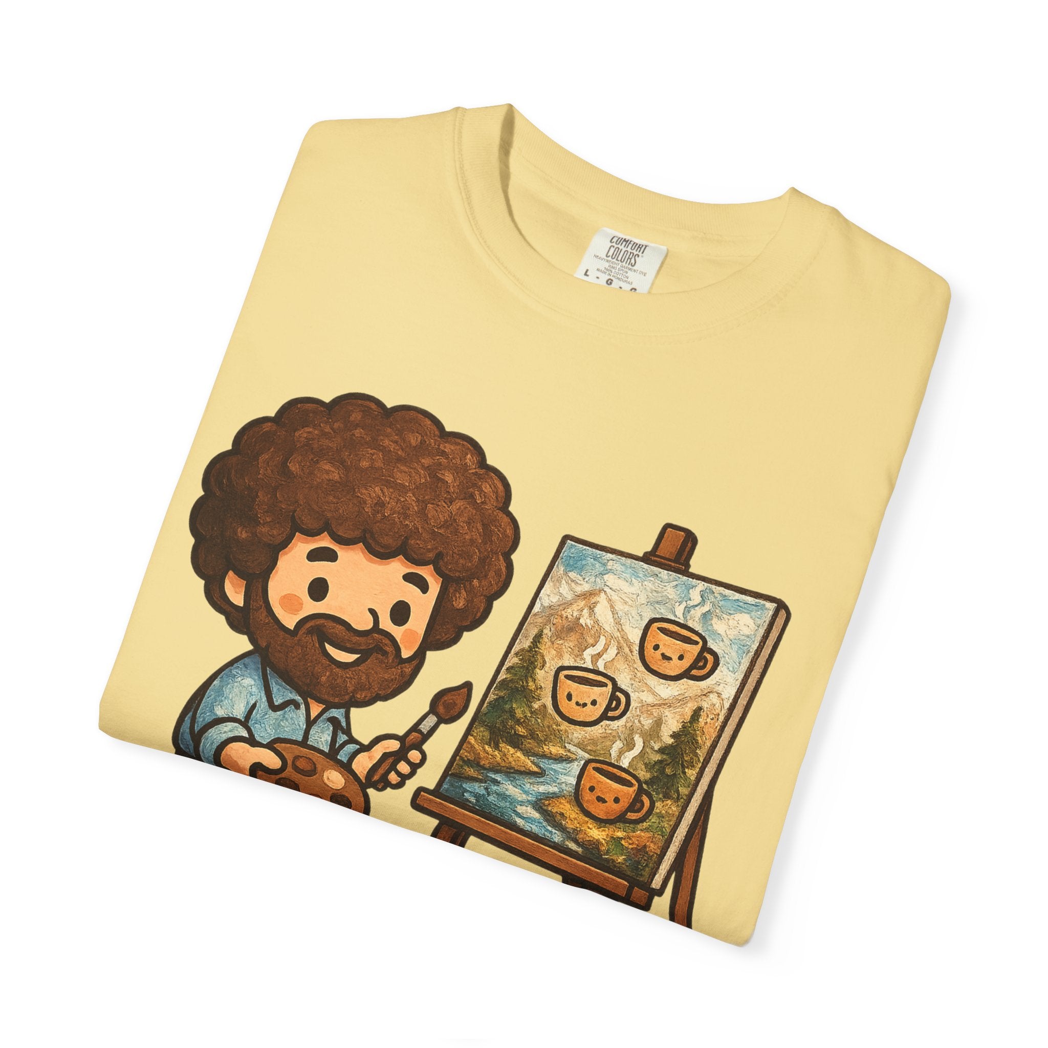 Happy Little Coffees Art Teacher Shirt | Funny Bob Ross Inspired Teacher Tee | Cute Art Teacher Coffee Shirt | Comfort Colors Graphic Tee | Back to School Gift
