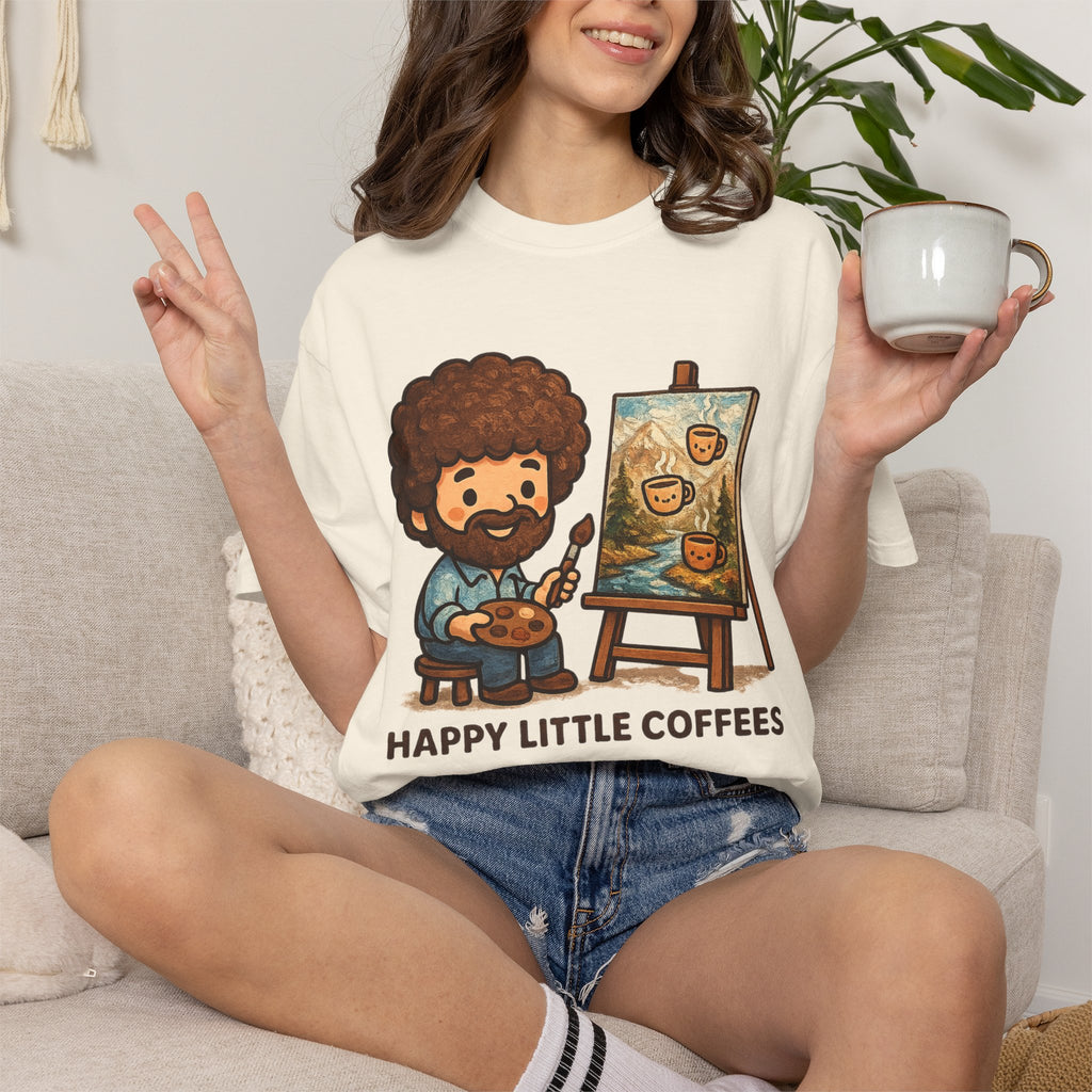 Happy Little Coffees Art Teacher Shirt | Funny Bob Ross Inspired Teacher Tee | Cute Art Teacher Coffee Shirt | Comfort Colors Graphic Tee | Back to School Gift