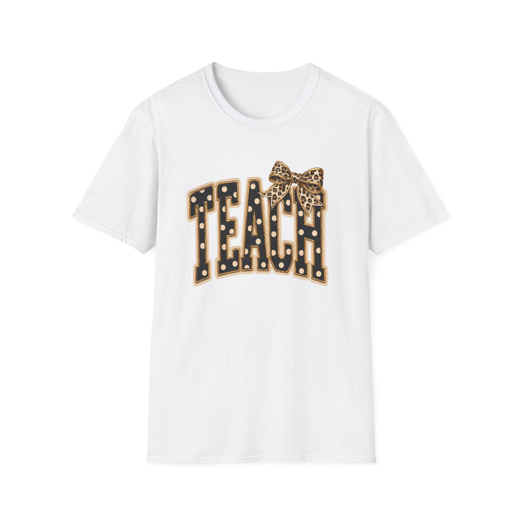 Teach Teacher Shirt | Leopard Bow Teacher Tee | Faux Embroidered Teacher Shirt