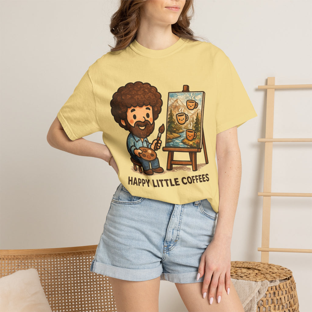 Happy Little Coffees Art Teacher Shirt | Funny Bob Ross Inspired Teacher Tee | Cute Art Teacher Coffee Shirt | Comfort Colors Graphic Tee | Back to School Gift