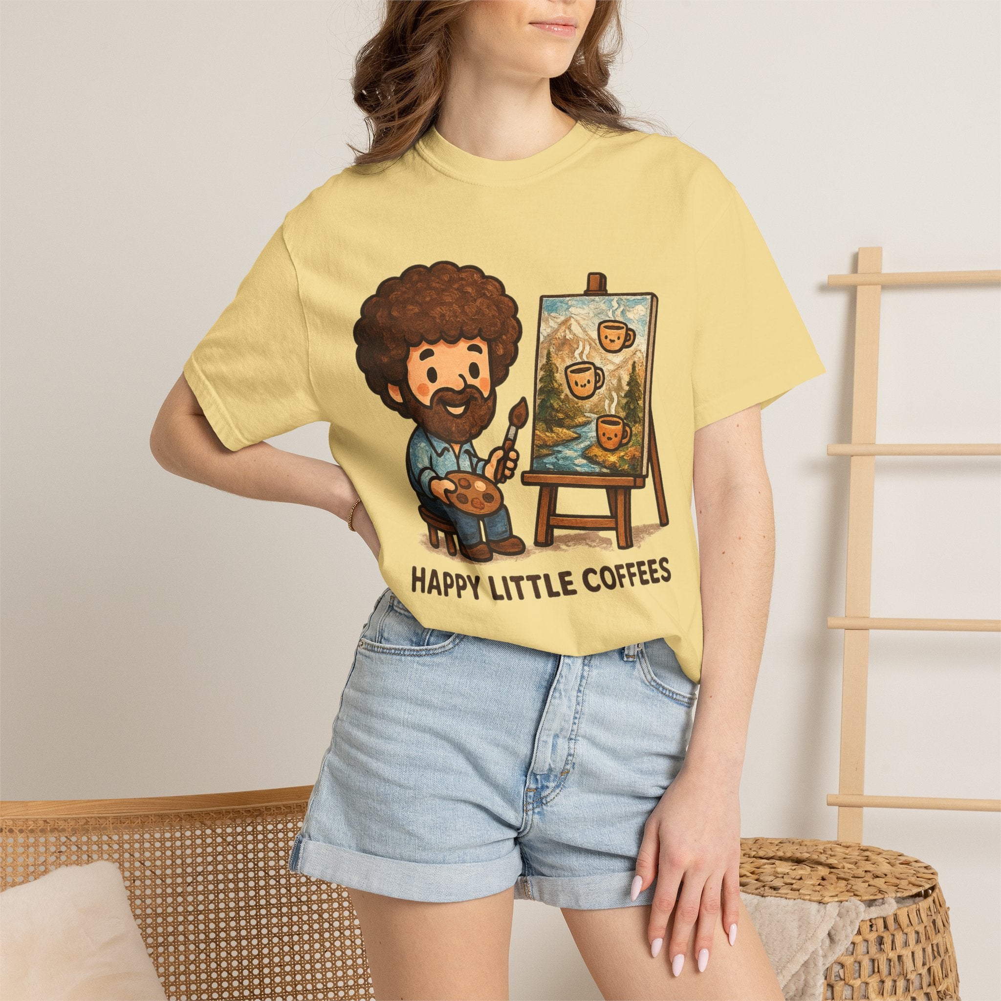 Happy Little Coffees Art Teacher Shirt | Funny Bob Ross Inspired Teacher Tee | Cute Art Teacher Coffee Shirt | Comfort Colors Graphic Tee | Back to School Gift