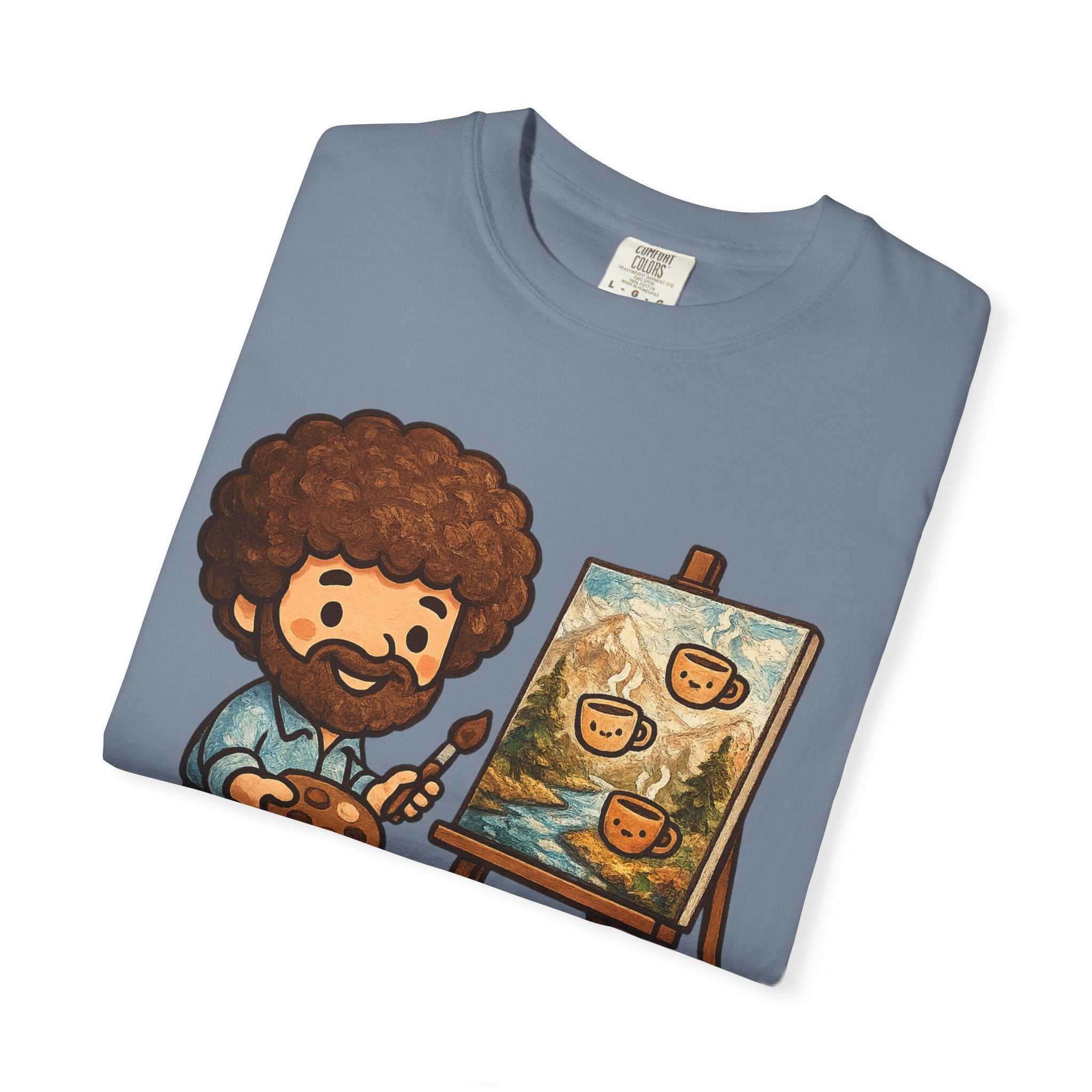Happy Little Coffees Art Teacher Shirt | Funny Bob Ross Inspired Teacher Tee | Cute Art Teacher Coffee Shirt | Comfort Colors Graphic Tee | Back to School Gift
