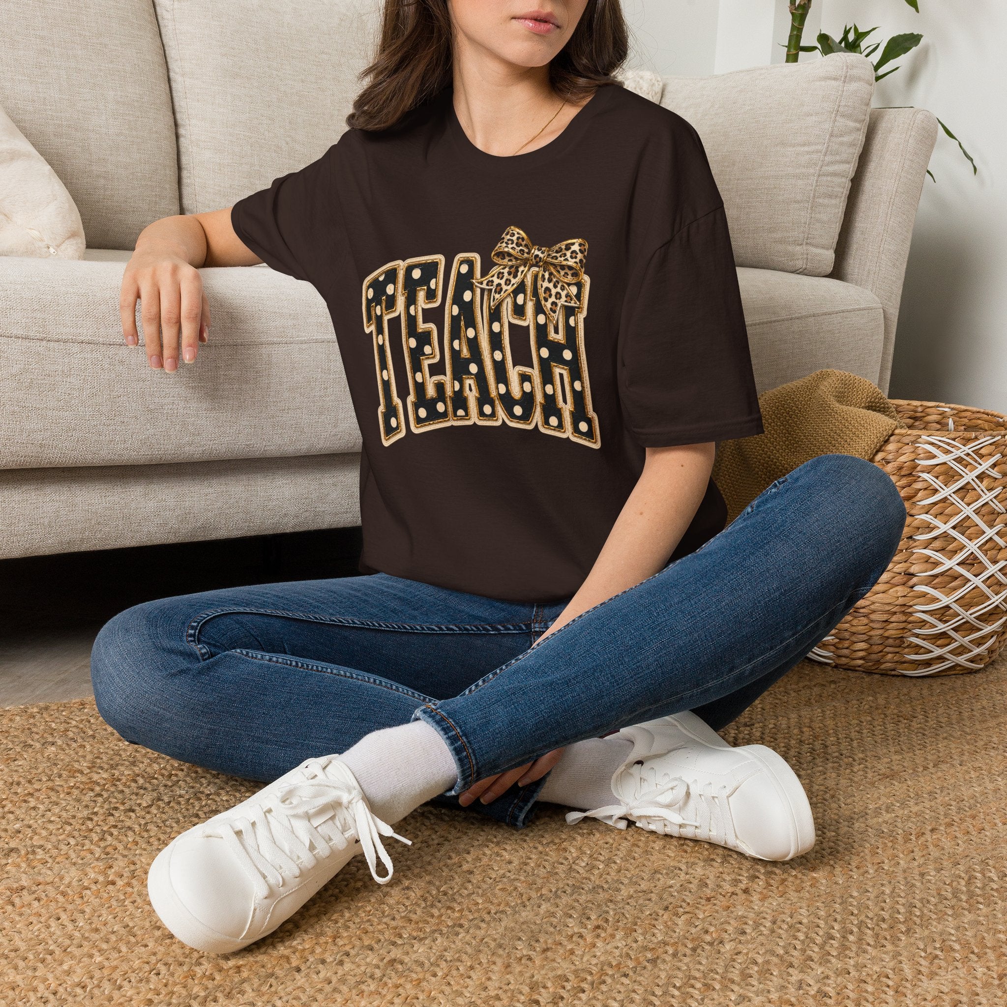 Teach Teacher Shirt | Leopard Bow Teacher Tee | Faux Embroidered Teacher Shirt