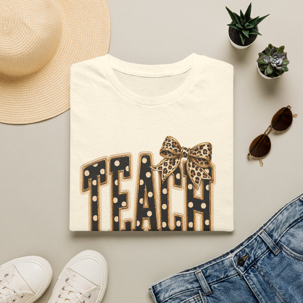 Teach Teacher Shirt | Leopard Bow Teacher Tee | Faux Embroidered Teacher Shirt