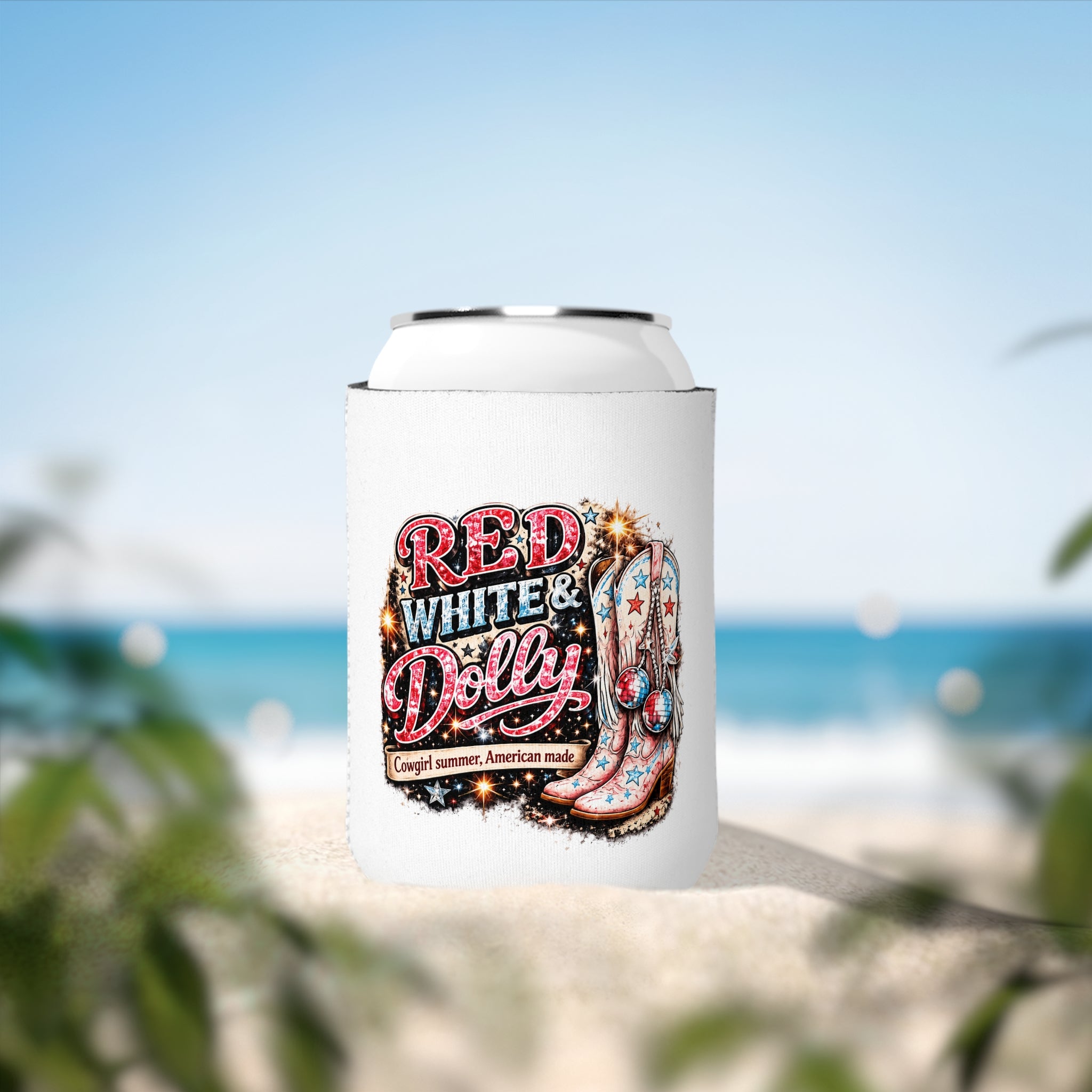 Red White and Dolly! Can Cooler Sleeve