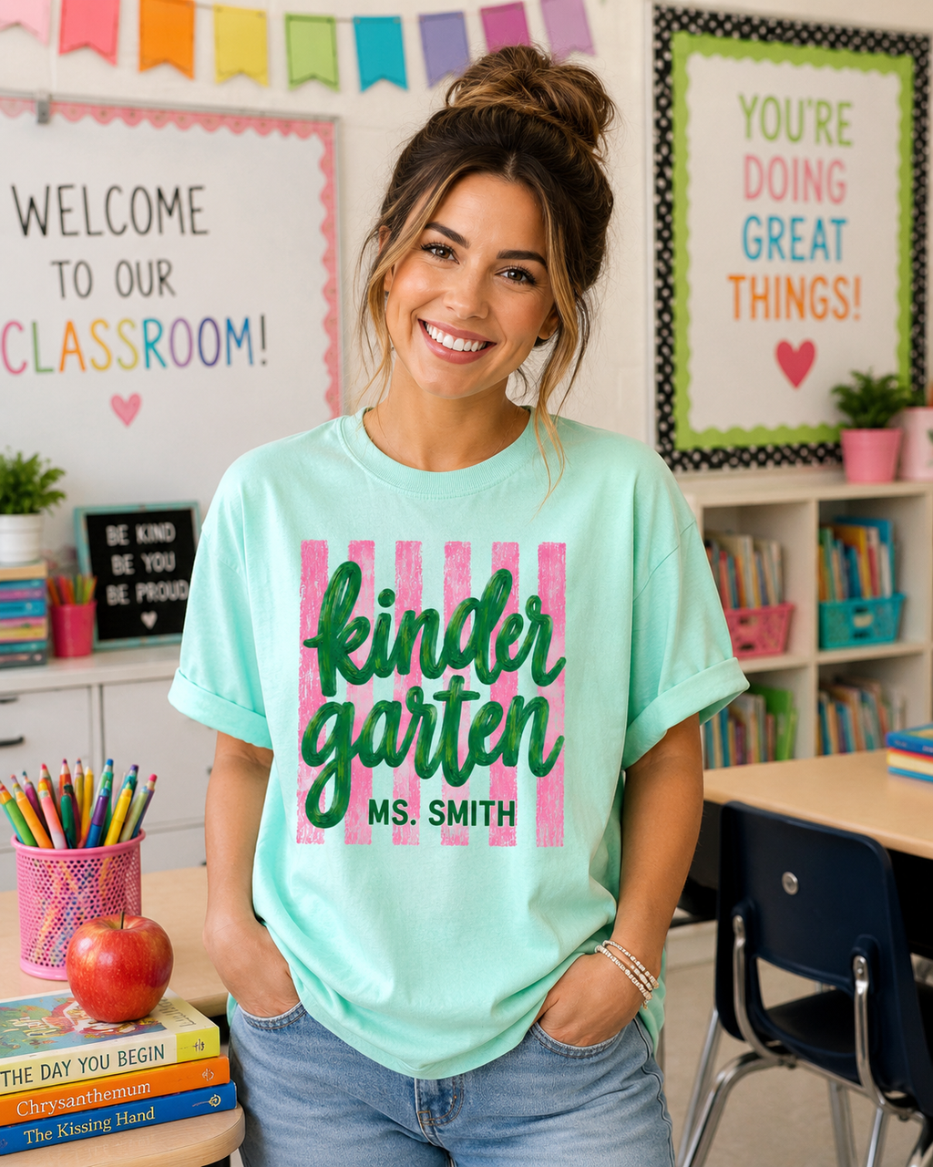 Personalized Kindergarten Teacher Shirt | Kinder Grade Level Team Tee | Painted Script Back to School Shirt