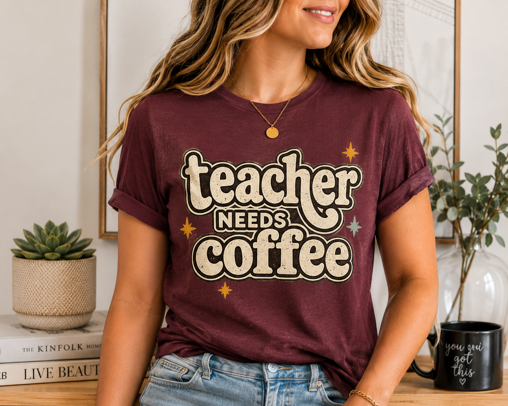 Teacher Needs Coffee Shirt | Bella+Canvas 3001 Graphic Tee | Coffee Lover Gift | Retro Teacher Tee