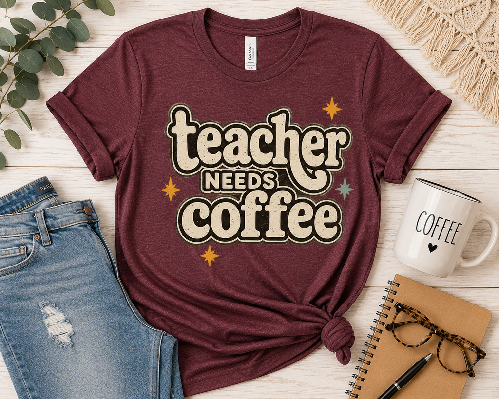Teacher Needs Coffee Shirt | Bella+Canvas 3001 Graphic Tee | Coffee Lover Gift | Retro Teacher Tee