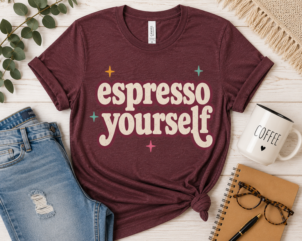 Espresso Yourself Teacher Shirt | Bella+Canvas 3001 Graphic Tee | Coffee Lover Gift | Retro Teacher Tee