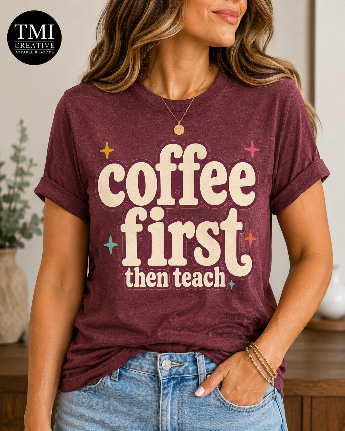 Coffee First Teacher Shirt | Bella+Canvas 3001 Graphic Tee | Coffee Lover Gift | Retro Teacher Tee