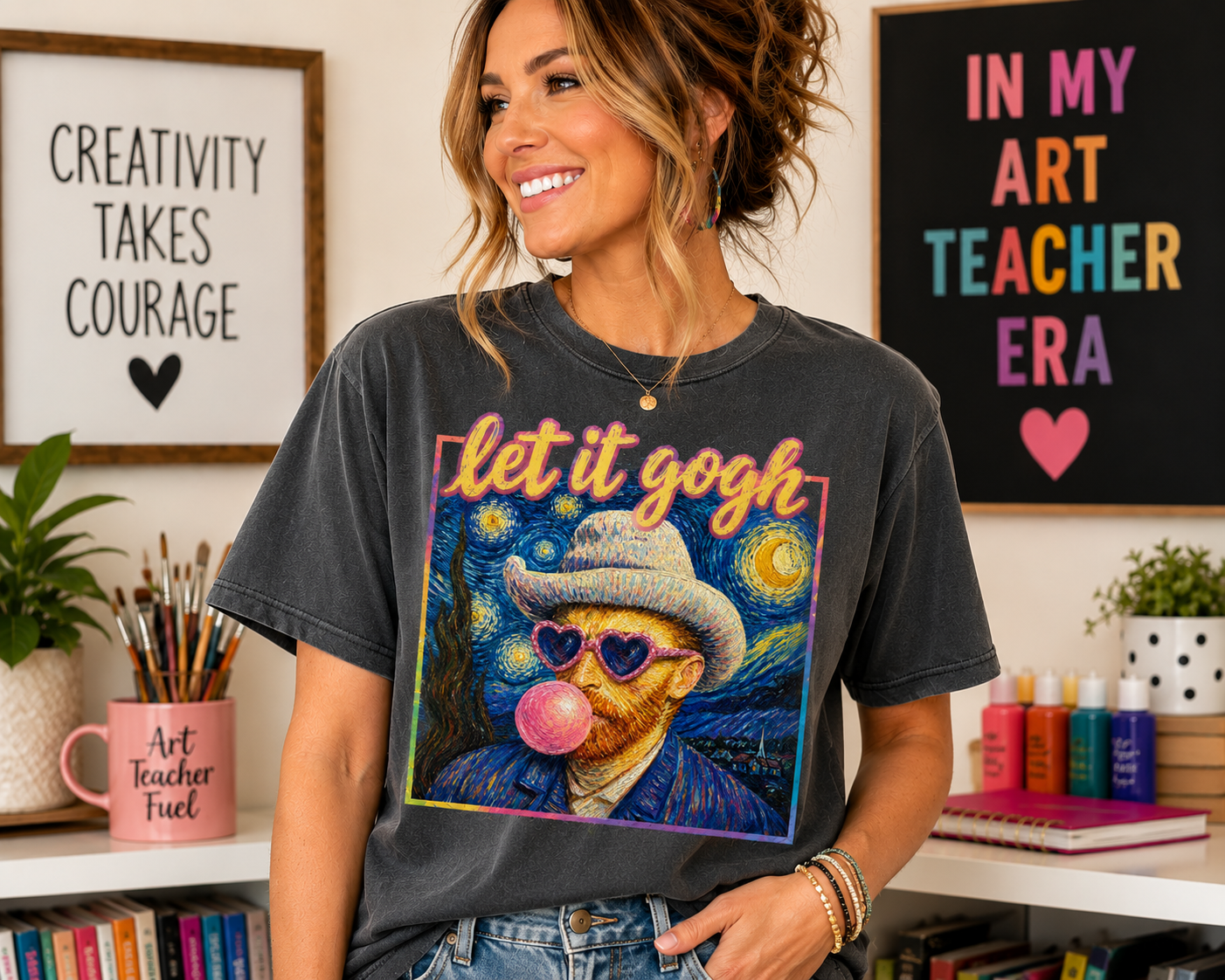 Let It Gogh Art Teacher Shirt | Funny Van Gogh Bubble Gum Tee | Creative Art Teacher Gift | Retro Painter Graphic T-Shirt