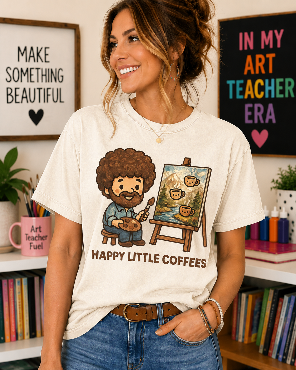 Happy Little Coffees Art Teacher Shirt | Funny Bob Ross Inspired Teacher Tee | Cute Art Teacher Coffee Shirt | Comfort Colors Graphic Tee | Back to School Gift