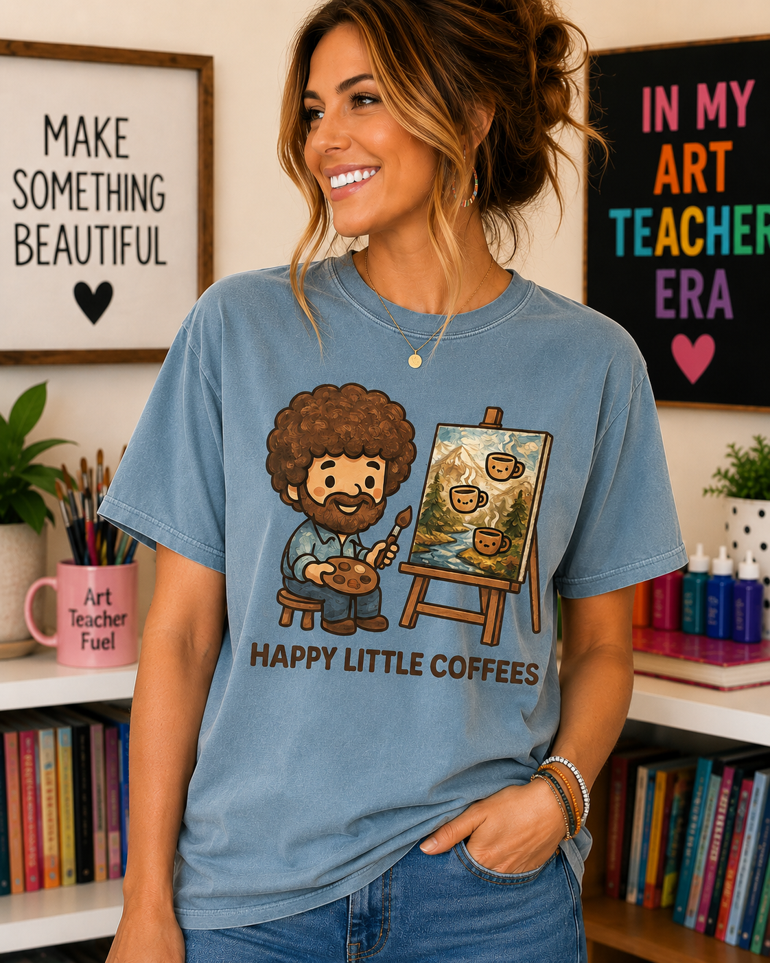 Happy Little Coffees Art Teacher Shirt | Funny Bob Ross Inspired Teacher Tee | Cute Art Teacher Coffee Shirt | Comfort Colors Graphic Tee | Back to School Gift