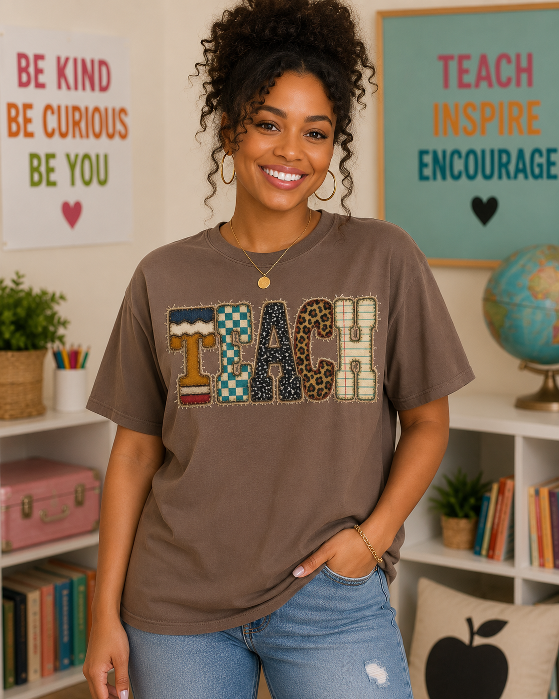 Teach Patchwork Shirt | Vintage Teacher Shirt | Retro Teacher Tee | Checkered Leopard Graphic | Back to School Teacher Gift | Comfort Colors Teacher Shirt