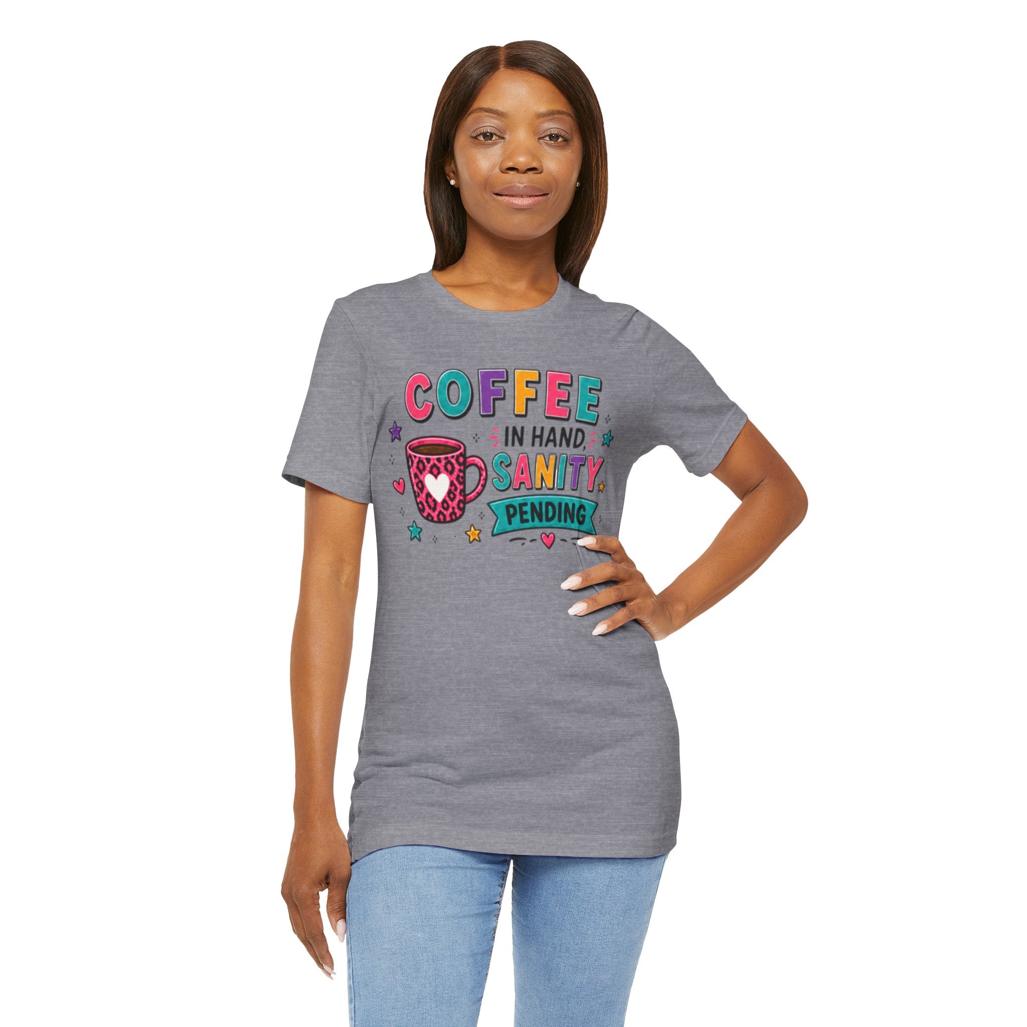 Coffee in Hand, Sanity Loading Tee | Funny Teacher Shirt | Relatable Graphic Tee | Morning Mood Shirt | Caffeine Humor
