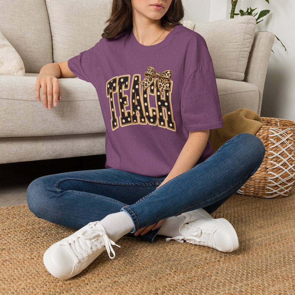 Teach Teacher Shirt | Leopard Bow Teacher Tee | Faux Embroidered Teacher Shirt