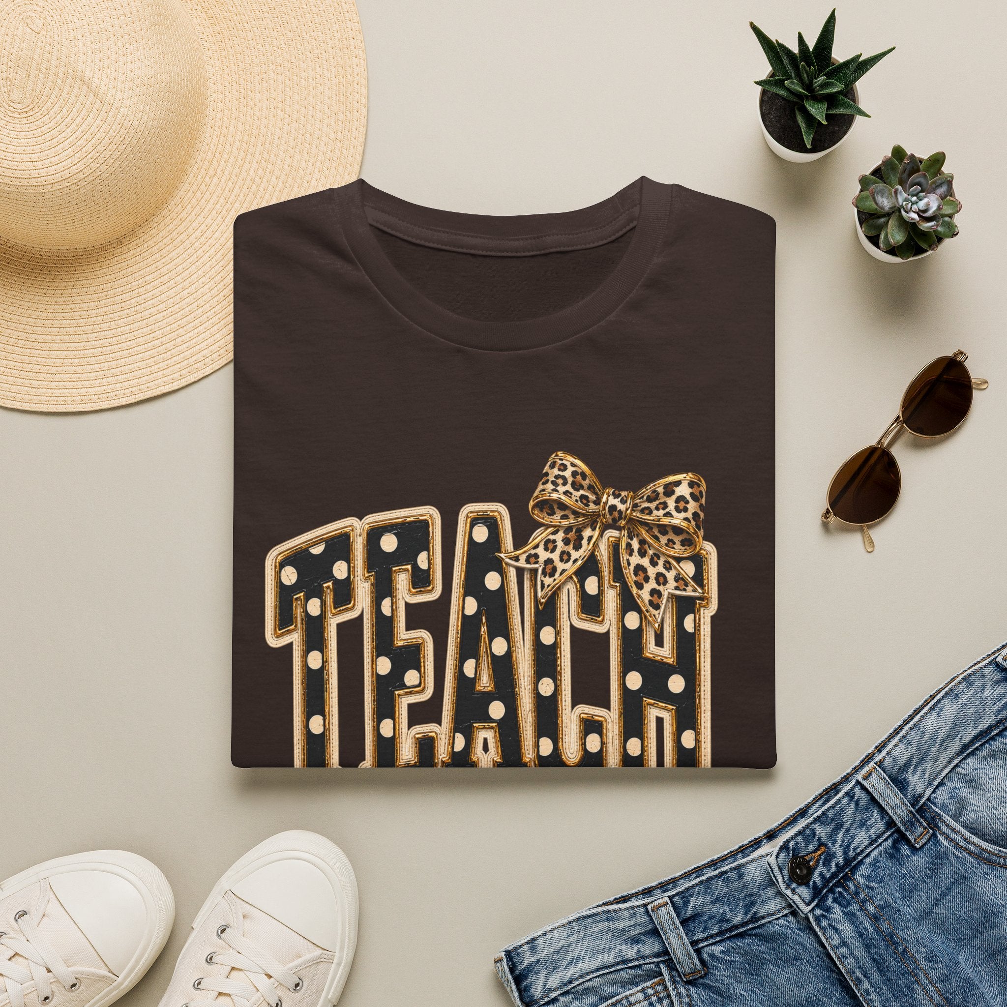Teach Teacher Shirt | Leopard Bow Teacher Tee | Faux Embroidered Teacher Shirt
