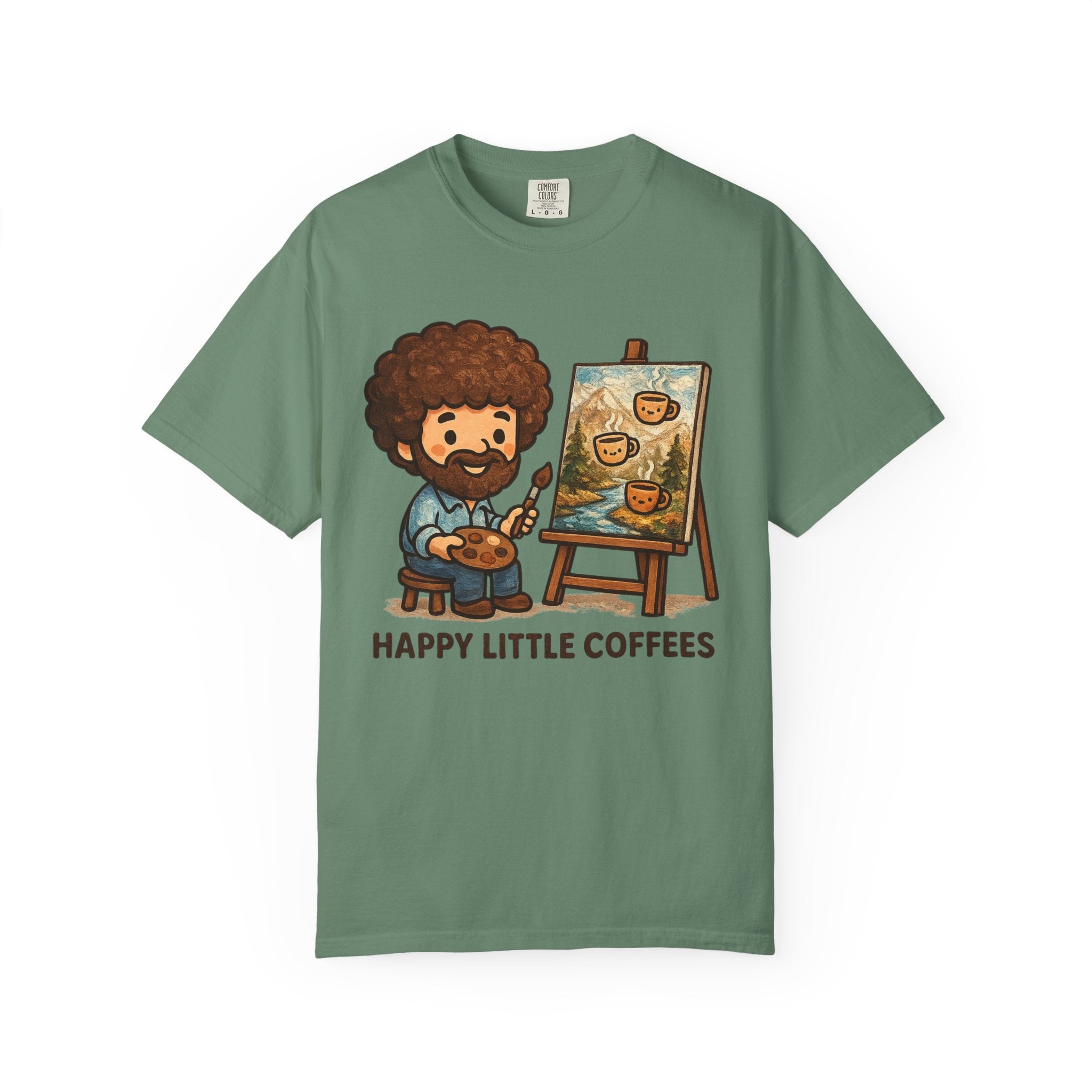 Happy Little Coffees Art Teacher Shirt | Funny Bob Ross Inspired Teacher Tee | Cute Art Teacher Coffee Shirt | Comfort Colors Graphic Tee | Back to School Gift