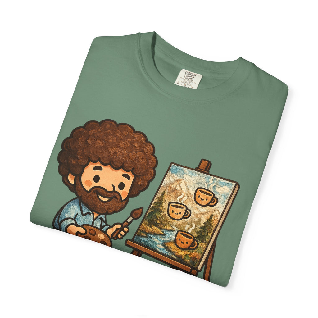 Happy Little Coffees Art Teacher Shirt | Funny Bob Ross Inspired Teacher Tee | Cute Art Teacher Coffee Shirt | Comfort Colors Graphic Tee | Back to School Gift