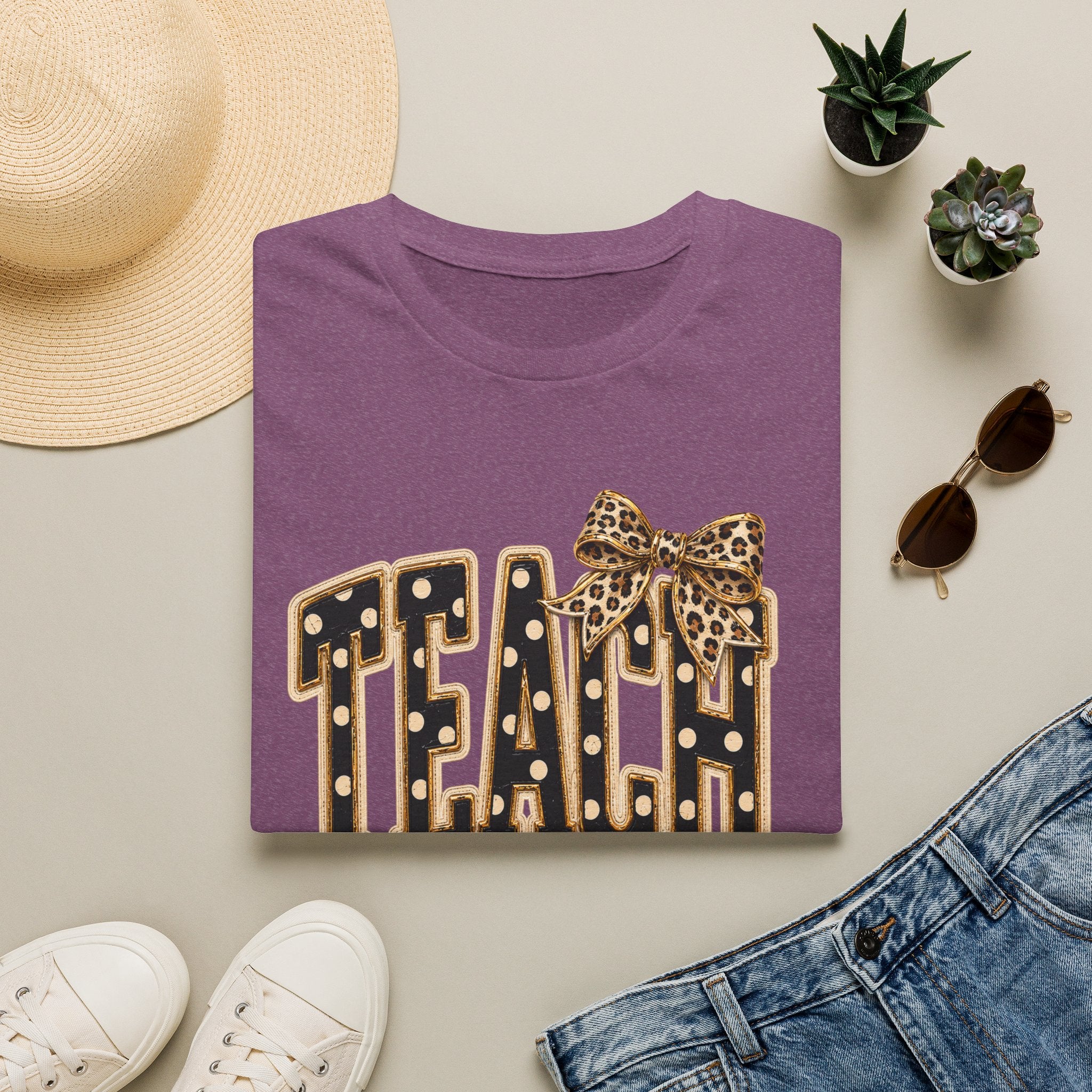 Teach Teacher Shirt | Leopard Bow Teacher Tee | Faux Embroidered Teacher Shirt