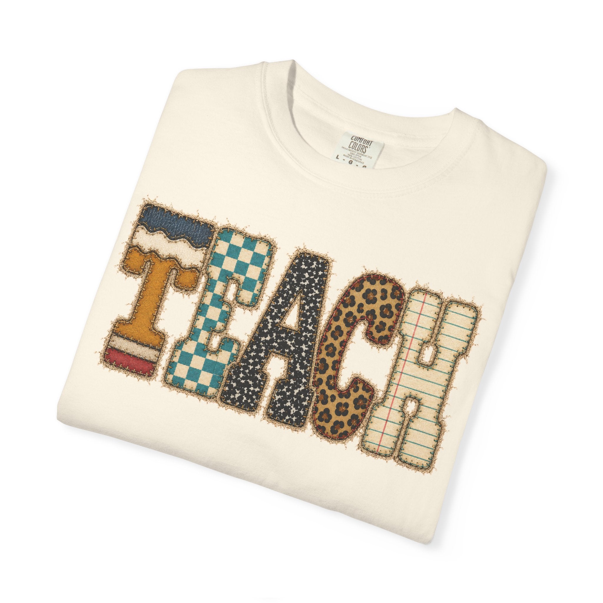 Teach Patchwork Shirt | Vintage Teacher Shirt | Retro Teacher Tee | Checkered Leopard Graphic | Back to School Teacher Gift | Comfort Colors Teacher Shirt