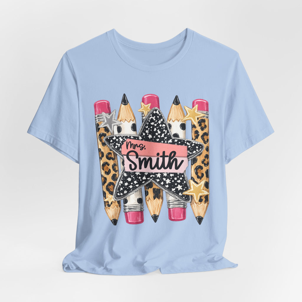 Personalized Teacher Name Shirt | Custom Pencil Teacher Tee | Leopard Print Teacher Shirt
