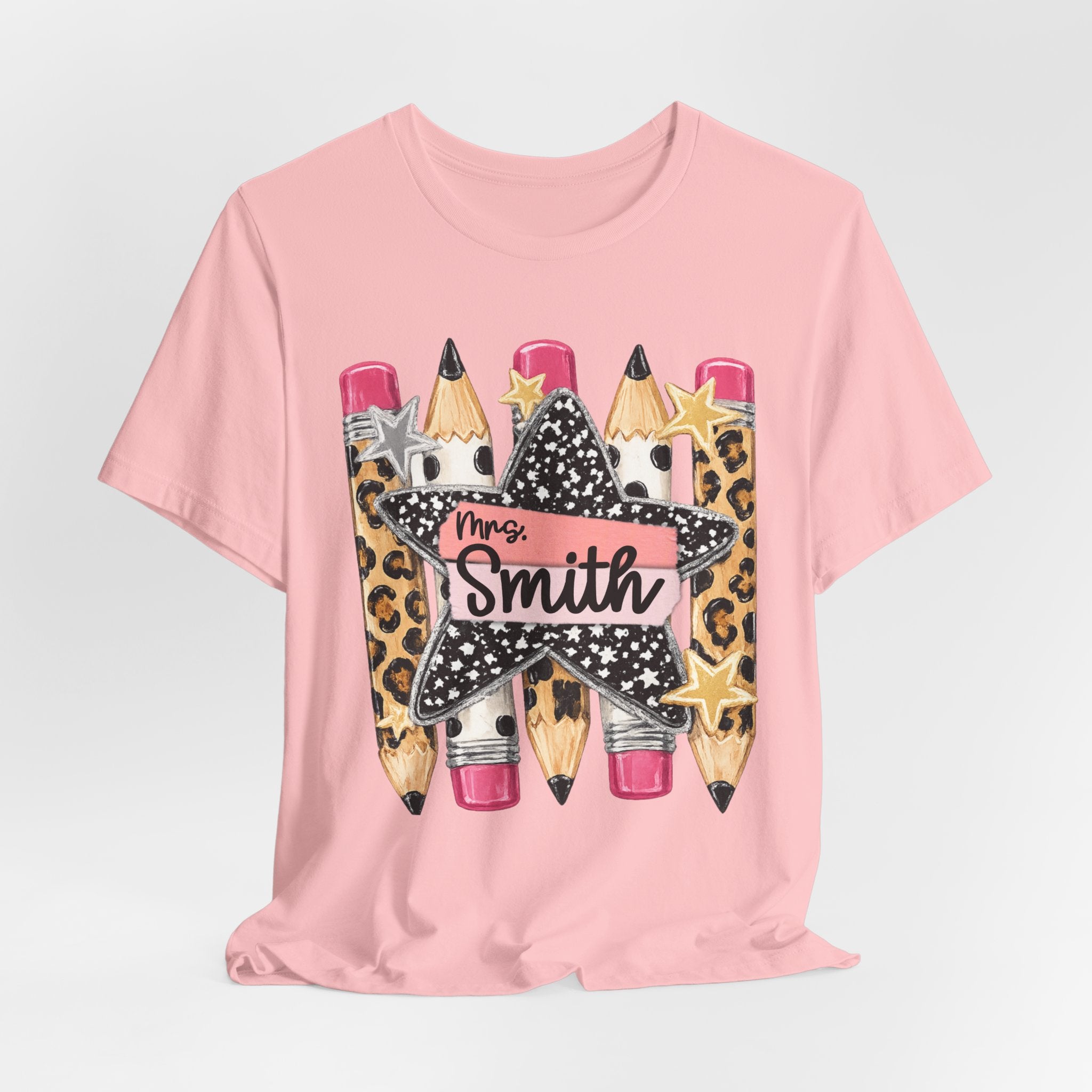 Personalized Teacher Name Shirt | Custom Pencil Teacher Tee | Leopard Print Teacher Shirt
