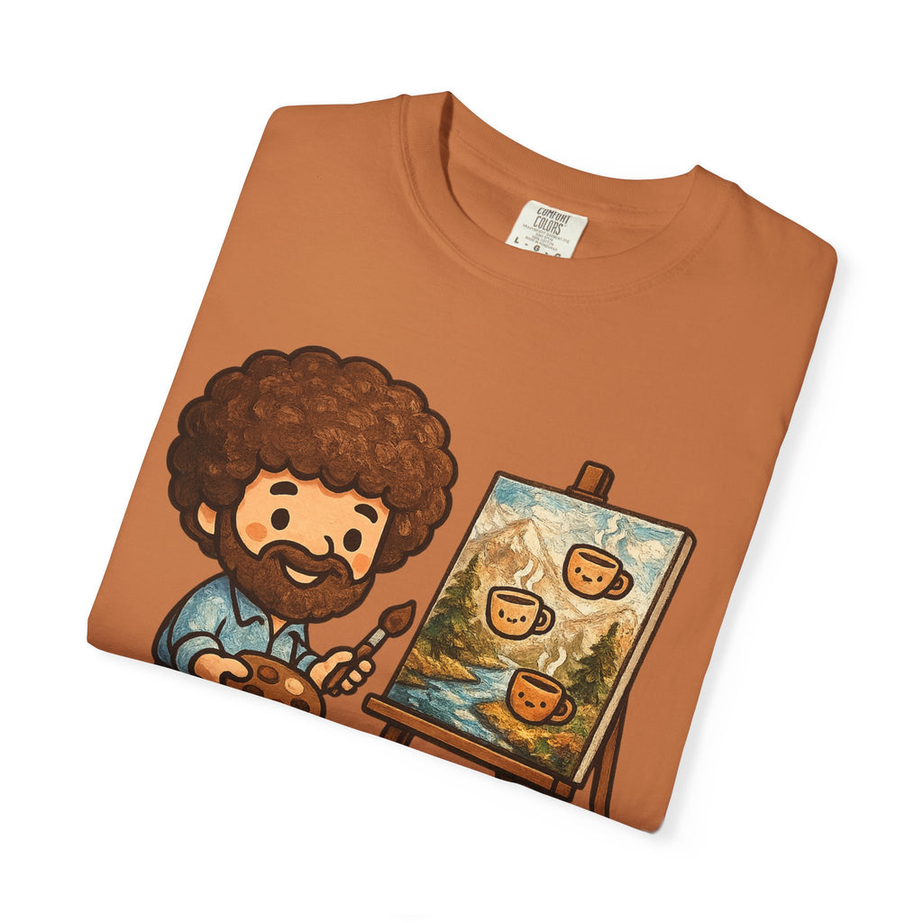 Happy Little Coffees Art Teacher Shirt | Funny Bob Ross Inspired Teacher Tee | Cute Art Teacher Coffee Shirt | Comfort Colors Graphic Tee | Back to School Gift